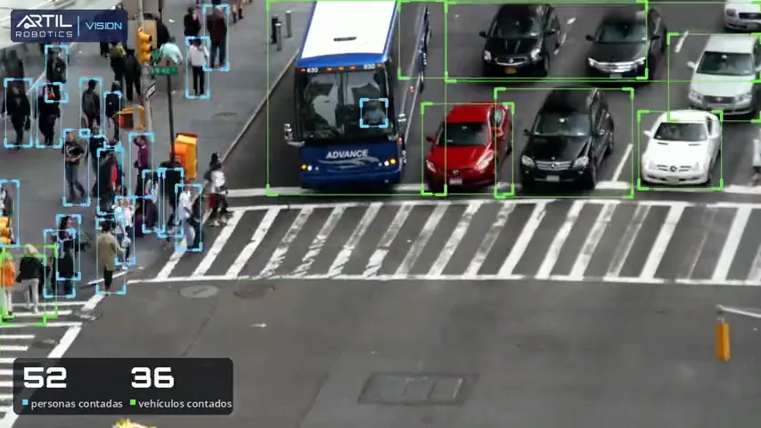 Cruce de una calle con cada peatón y cada vehículo enmarcado.