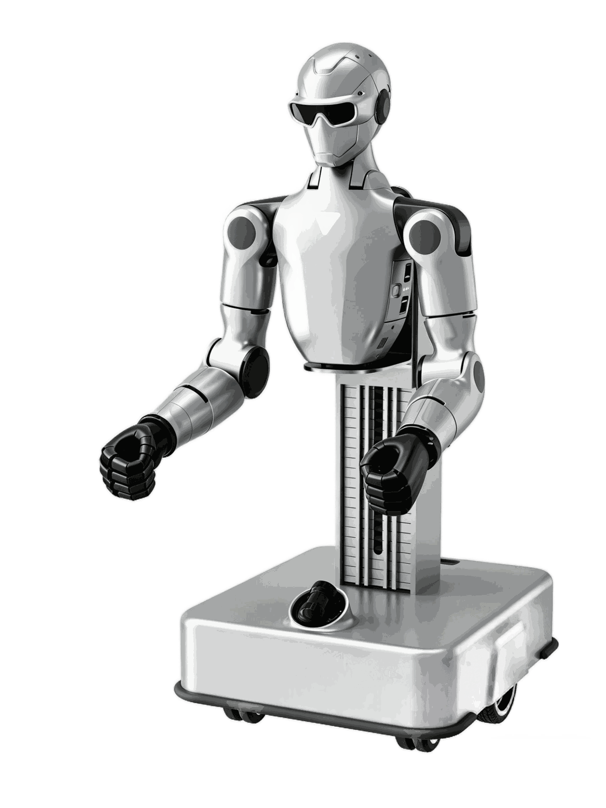 Unitree R1-A-D: torso sobre columna elevadora y chasis con ruedas